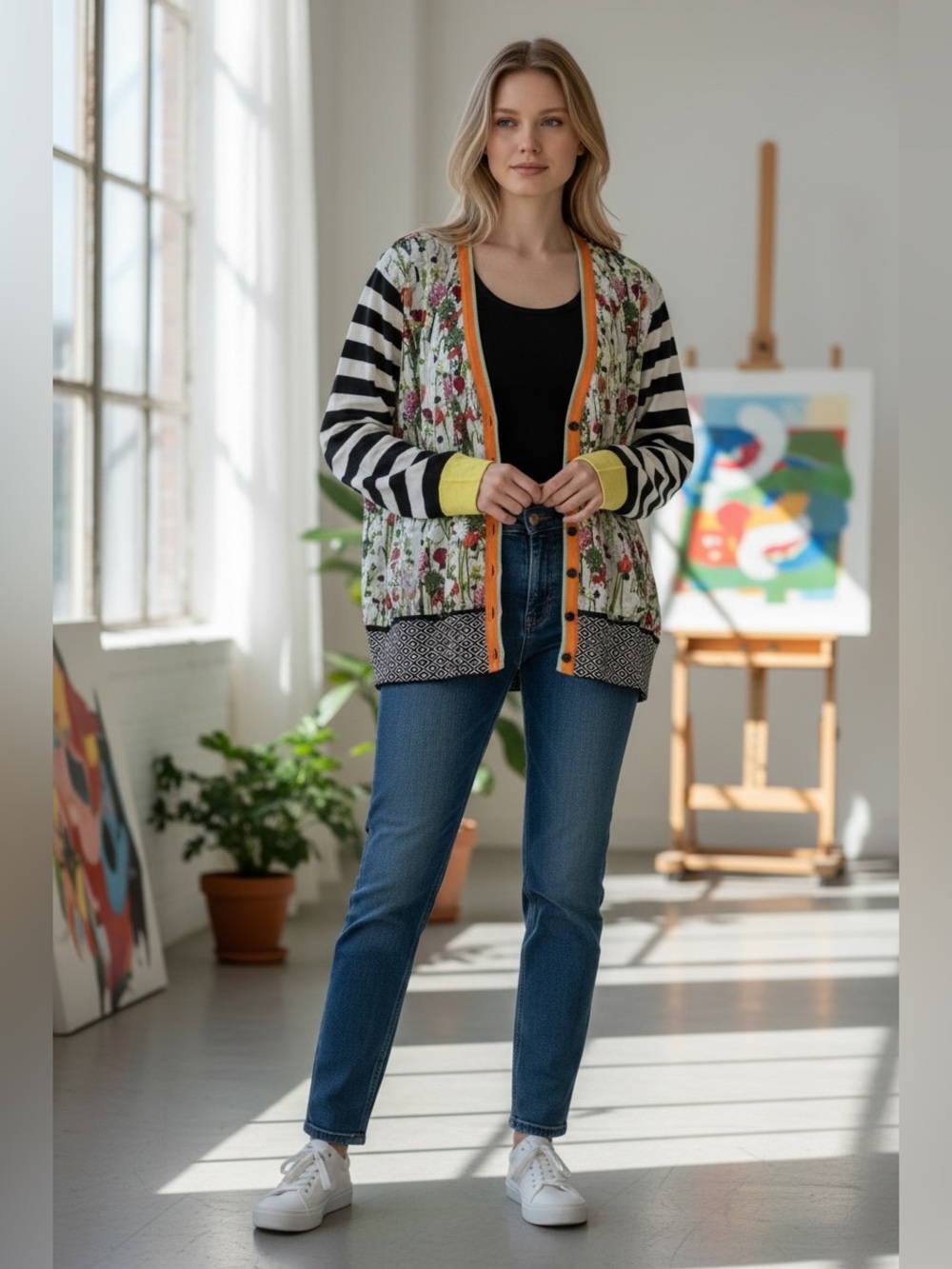 Eva & Claudi floral and striped button-down silk and cotton cardigan Sz XL